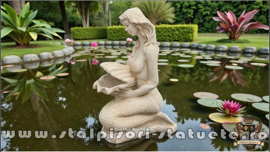 Statuetă sirenă cu scoică, galben marmorat, model S49. (5)