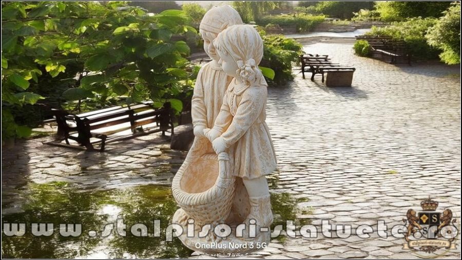 Statuetă copii cu coșuleț, galben patinat, model S7. (4)