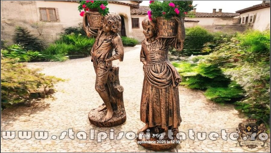 Statuete copii cu coșulețe, arămiu antichizat, model J3,J4. (3)