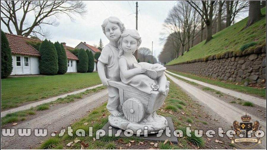 Statuetă copii cu roabă, gri antichizat, model S98. (1)