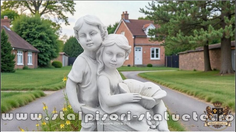 Statuetă copii cu roabă, gri antichizat, model S98. (2)