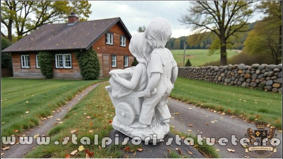 Statuetă copii cu roabă, gri antichizat, model S98. (4)