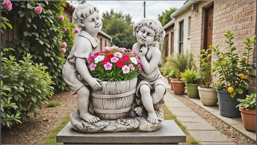 Statuetă copii cu coșuleț, gri antichizat, model S112. (1)