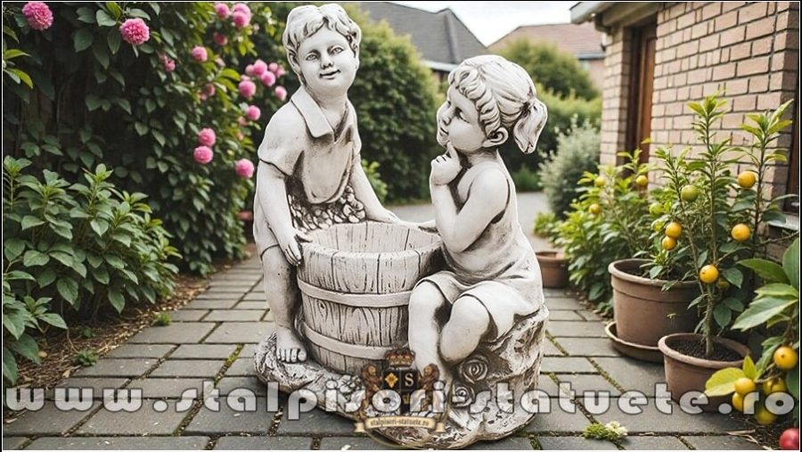 Statuetă copii cu coșuleț, gri antichizat, model S112. (3)