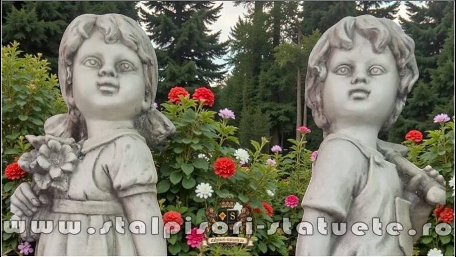 Statuetă copii cu coșuleț, gri antichizat, model J2. (2)