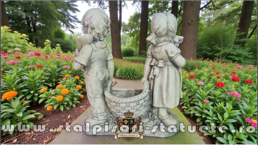 Statuetă copii cu coșuleț, gri antichizat, model J2. (5)