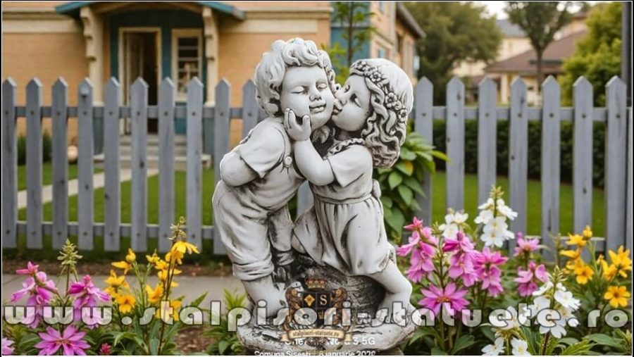 Statuetă copilași sărutându-se, gri antichizat, model S113. (1)