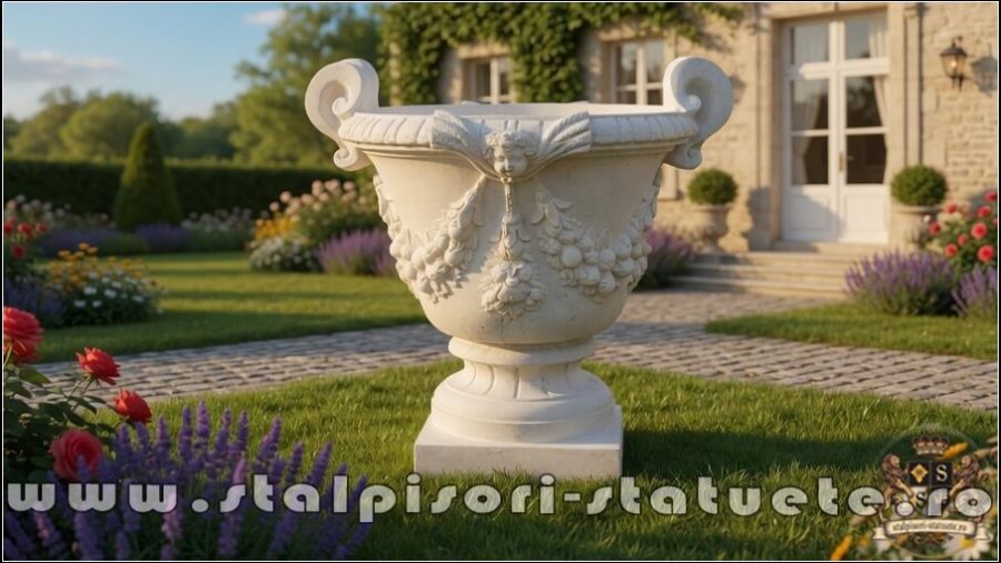 Vază mare cu picior, alb marmorat, model V2. (1)