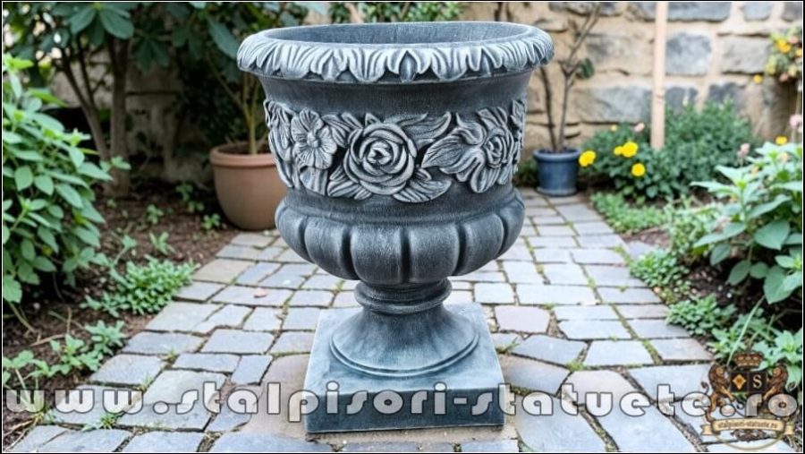 Vază ornament cu picior, gri patinat, model V7. (1)