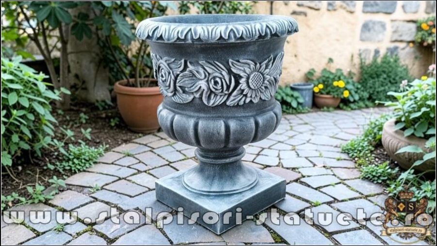 Vază ornament cu picior, gri patinat, model V7. (2)