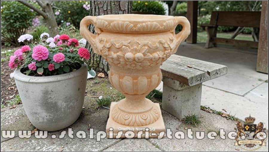 Vază ornament mare cu picior, galben patinat, model V6. (1)