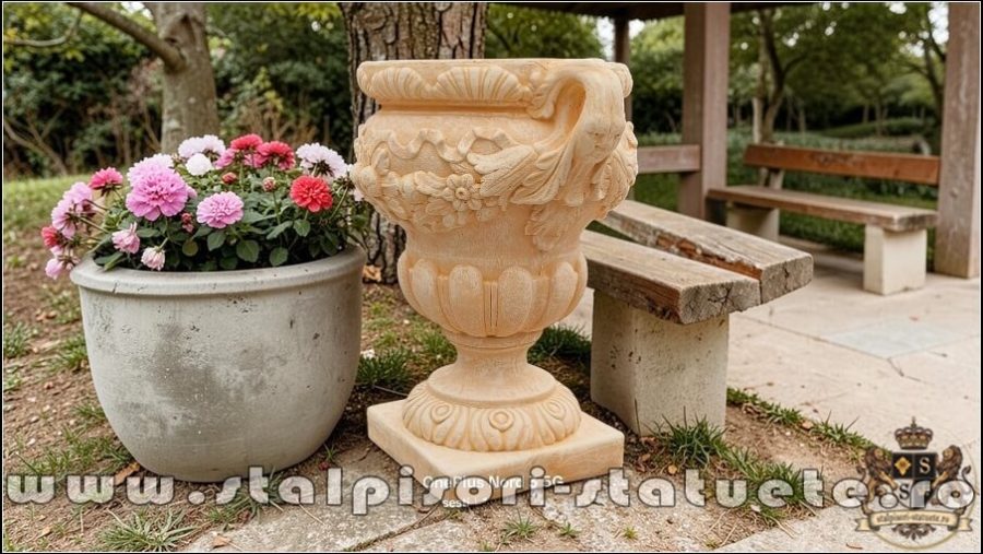 Vază ornament mare cu picior, galben patinat, model V6. (2)