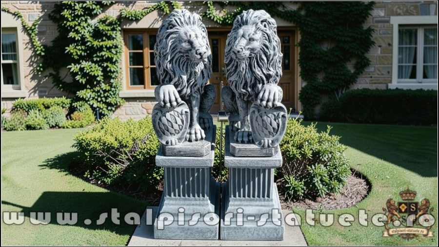 Set 2 statuete leu cu socluri, gri antichizat, S2-S108. (1)