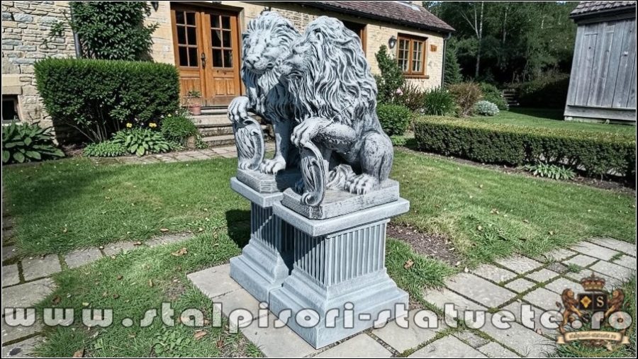 Set 2 statuete leu cu socluri, gri antichizat, S2-S108. (3)