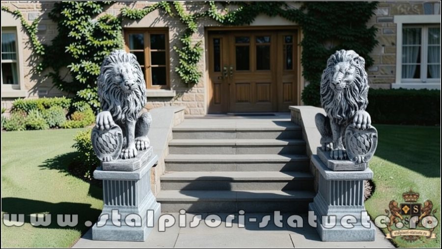 Set 2 statuete leu cu socluri, gri antichizat, S2-S108. (5)