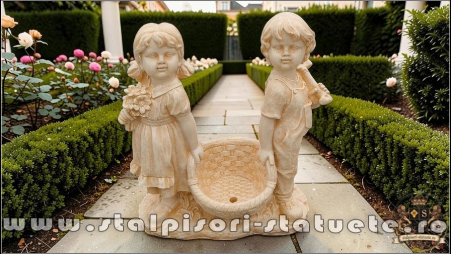 Statuetă copii cu coșuleț, gri antichizat, model J2. (1)