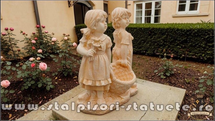 Statuetă copii cu coșuleț, gri antichizat, model J2. (2)