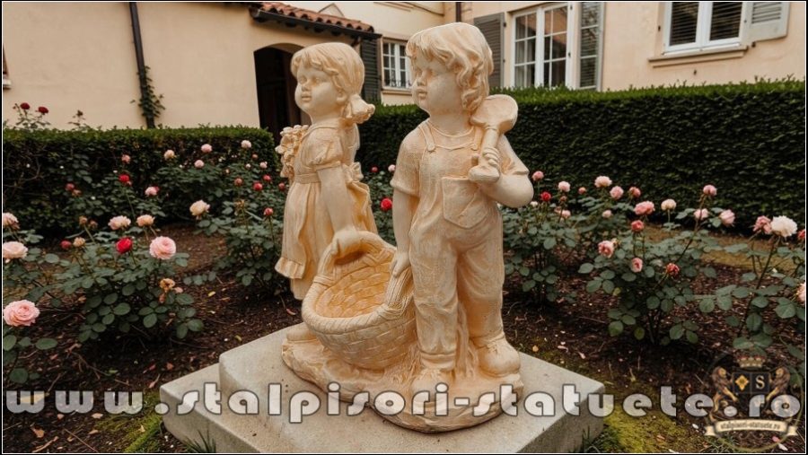 Statuetă copii cu coșuleț, gri antichizat, model J2. (3)