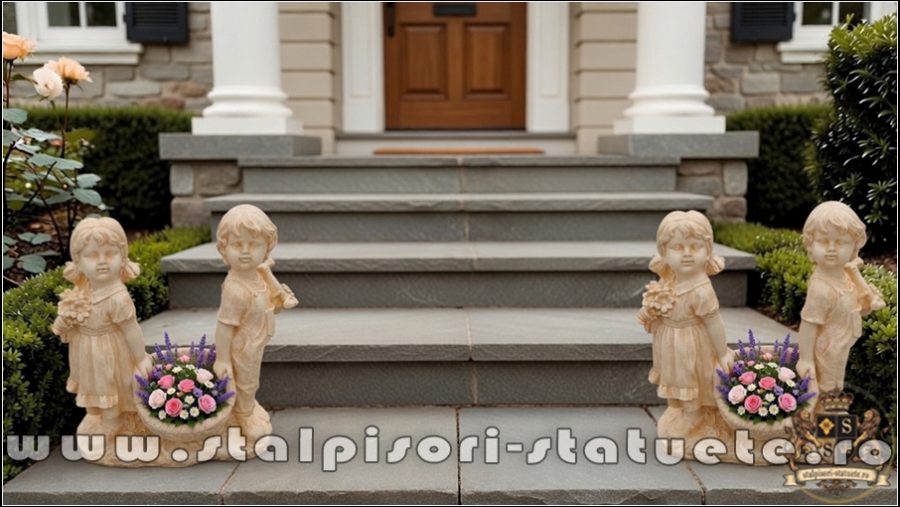 Statuetă copii cu coșuleț, gri antichizat, model J2. (5)