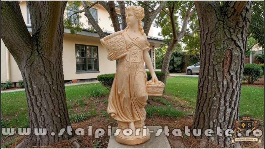 Statuetă domnița cu coșulețe, galben patinat, model S67. (1)