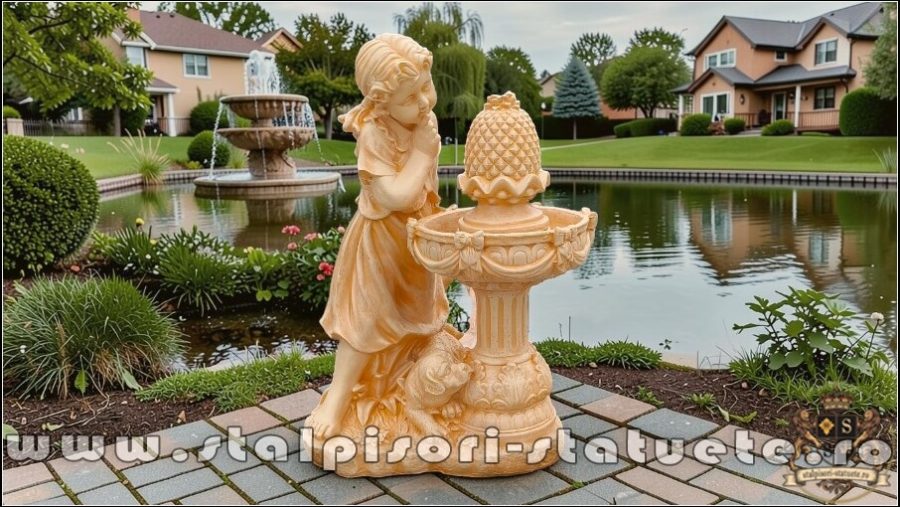 Statuetă fetița cu cățeluș, galben patinat, model F4. (1)