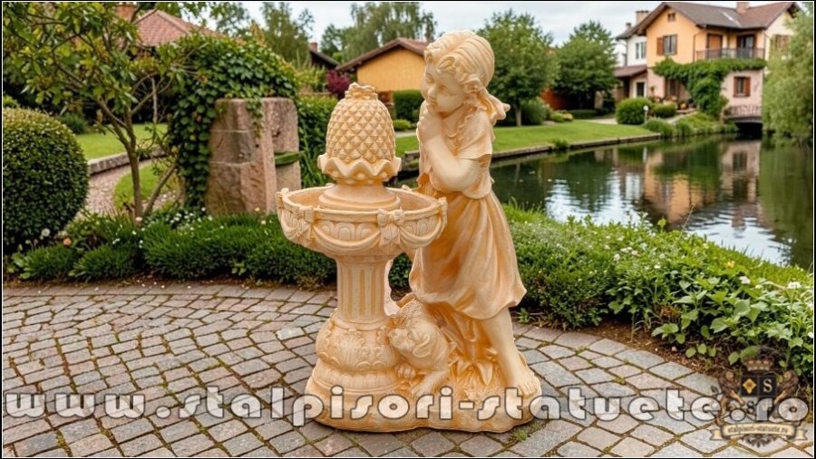 Statuetă fetița cu cățeluș, galben patinat, model F4. (2)