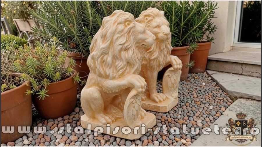Statuetă leu mic cu blazon, galben patinat, model S2. (2)