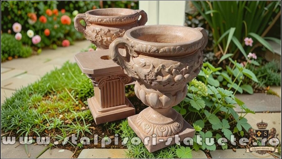 Set vază cu soclu, galben patinat, model V6-S64. (2)