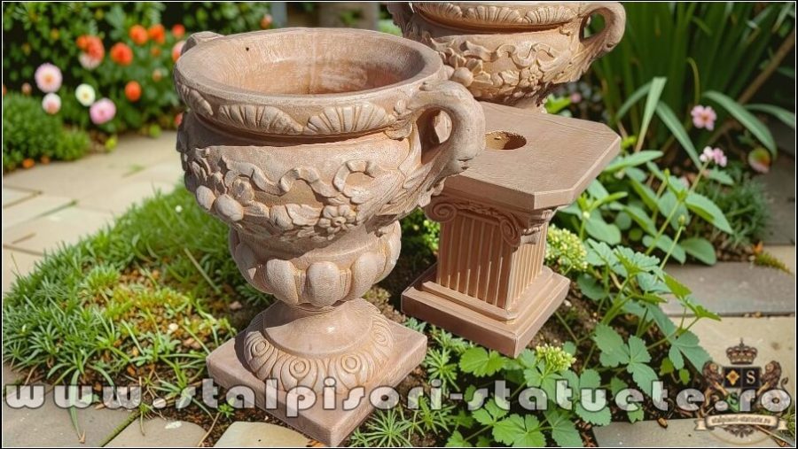 Set vază cu soclu, galben patinat, model V6-S64. (3)