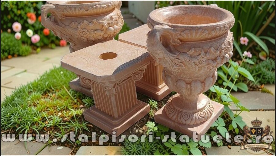 Set vază cu soclu, galben patinat, model V6-S64. (4)