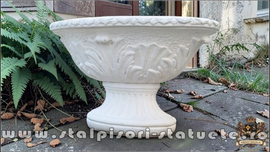 Vază mare, ornament stejar, alb marmorat, model V5. (3)