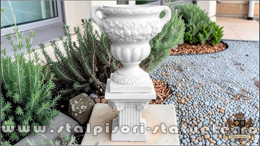 Vază ornament mare cu picior, alb marmorat, model V6-S64. (1)