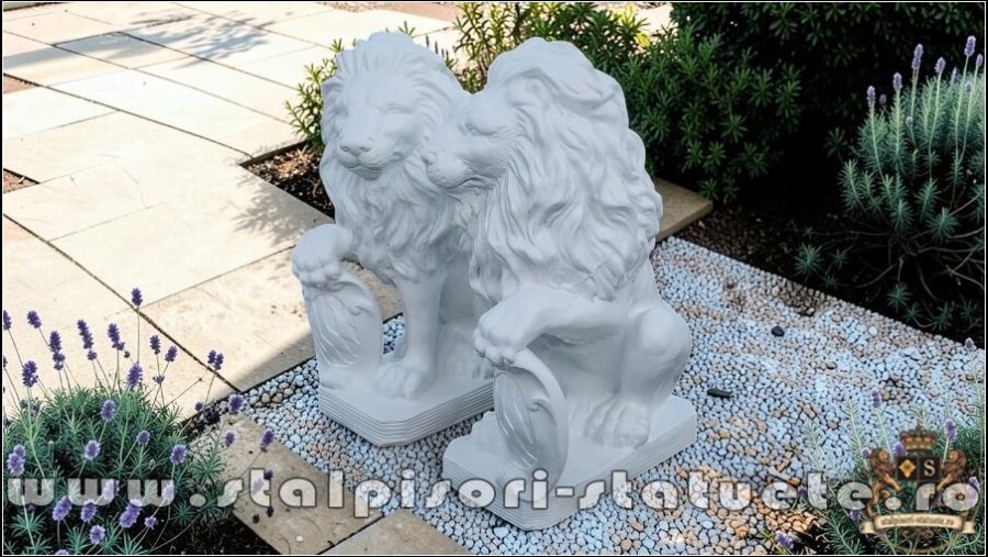 Statuetă leu mic cu blazon, alb marmorat, model S2. (3)