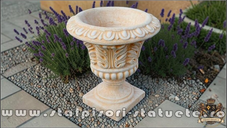 Vază ornament stejar cu picior, galben patinat, model V3. (1)